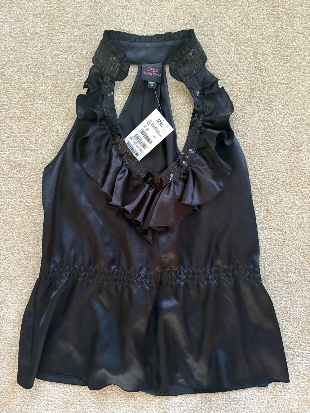 2b BEBE  Black Ruffled Sequined Halter Satin Tank Top Y2K Size  XS
